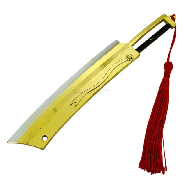 17CM golden mini katana with etched blade, black sheath, and red tassel – collectible decorative sword