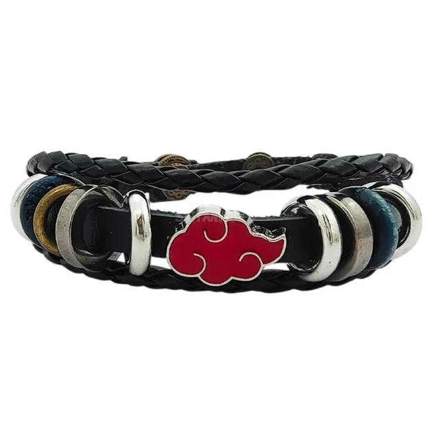 Black leather Akatsuki bracelet with red cloud emblem and adjustable fit – Naruto anime wristband