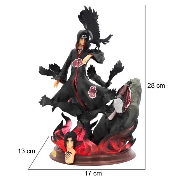28CM Itachi Uchiha Naruto action figure with Akatsuki cloak, crows, fire base, and extra face sculpt