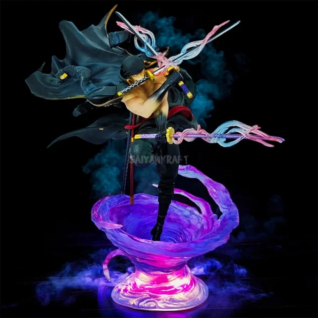 Roronoa Zoro One Piece 37CM LED Action Figure with Interchangeable Heads and Glowing Sword Aura