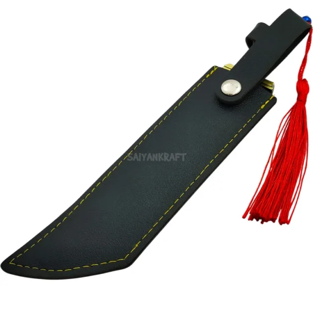19CM black engraved mini sword with gold hilt, red tassel, and black sheath – collectible Japanese-inspired blade