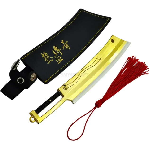 17CM golden mini katana with etched blade, black sheath, and red tassel – collectible decorative sword