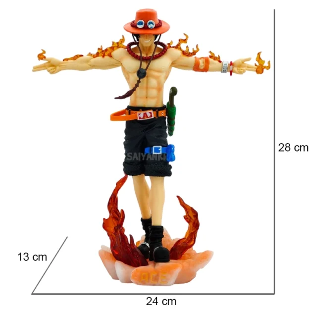 Portgas D. Ace 28CM One Piece action figure with LED light base, flame effects, and battery-powered feature